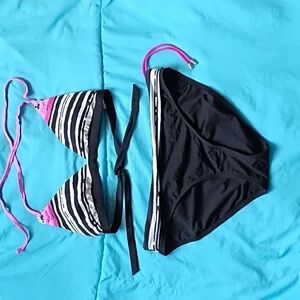 Jag 2-pc bikini bathing suit. Black, white stripes, pink trim. Top L, Bottom  XL